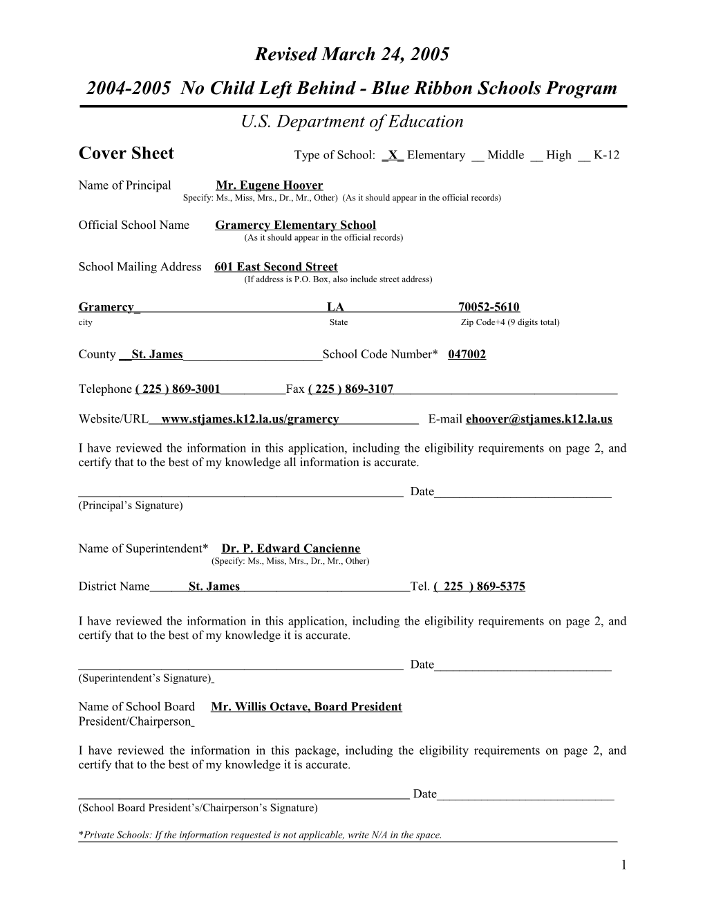 Gramercy Elementary School Application: 2004-2005, No Child Left Behind - Blue Ribbon Schools