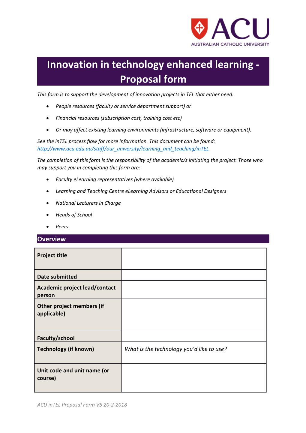 Innovation in Technology Enhanced Learning - Proposal Form