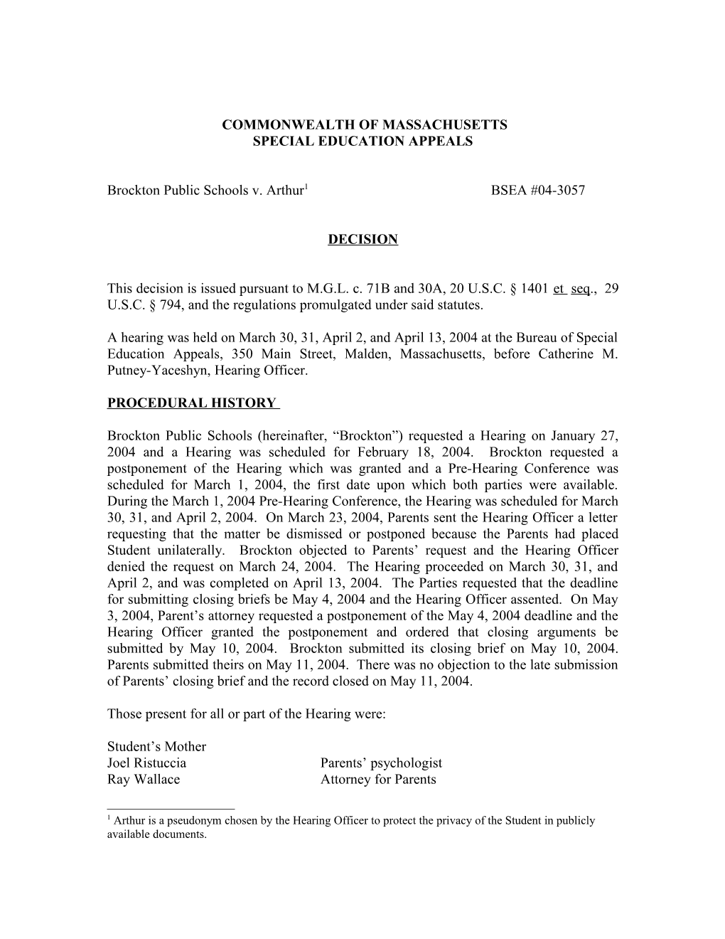 Special Education Appeals BSEA #04-3057