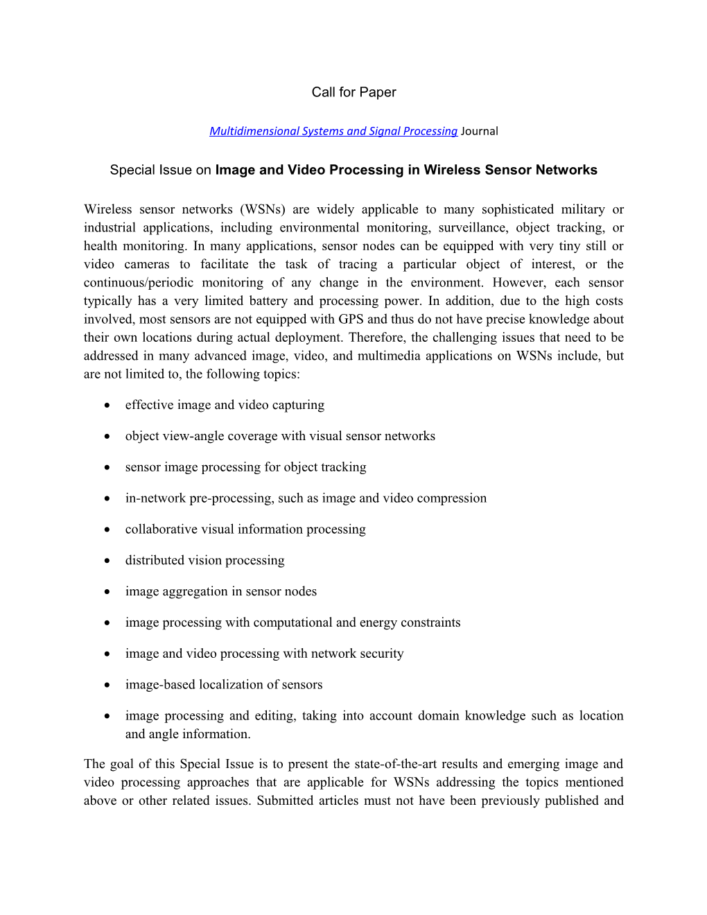 Proposal for a Special Issue in the Journal Multidimensional Systems and Signal Processing