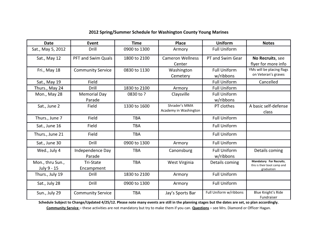 2012 Spring/Summer Schedule for Washington County Young Marines