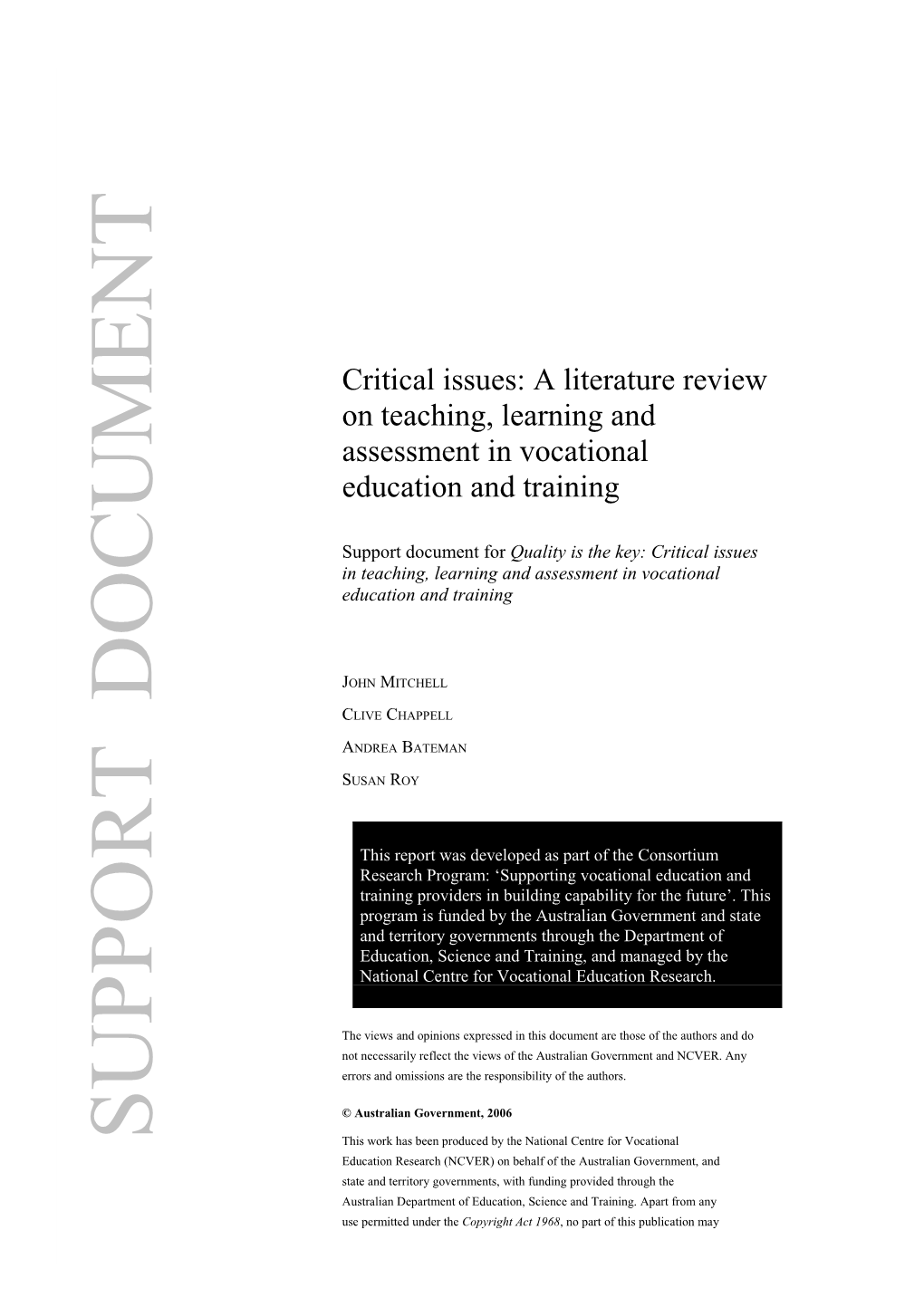 Critical Issues: a Literature Review on Teaching, Learning and Assessment in Vocational