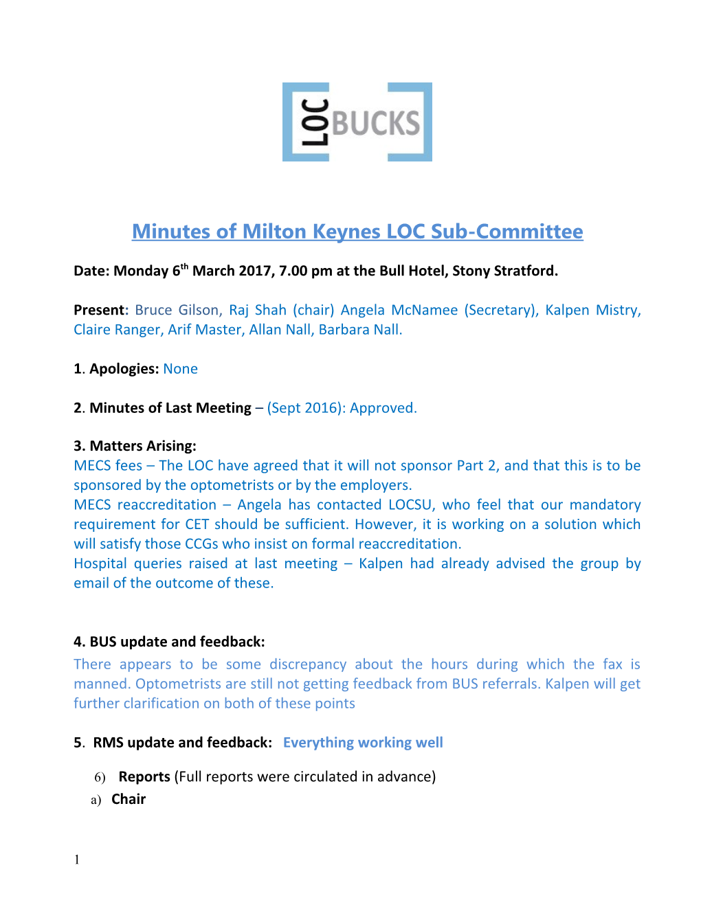 Minutes of Milton Keynes LOC Sub-Committee