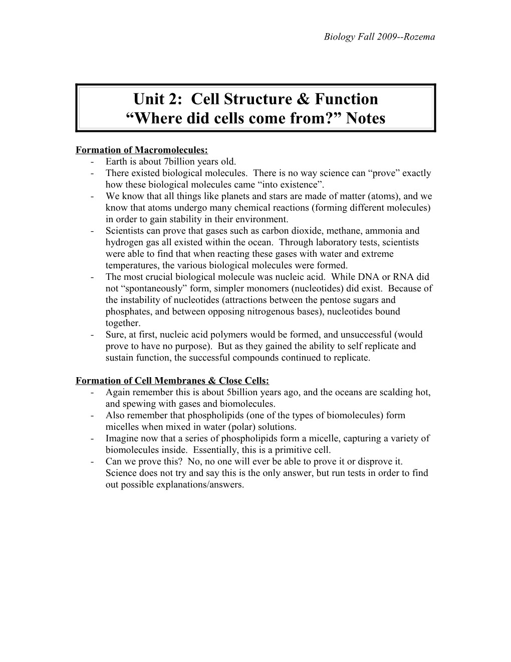 Unit 2: Cell Structure & Function