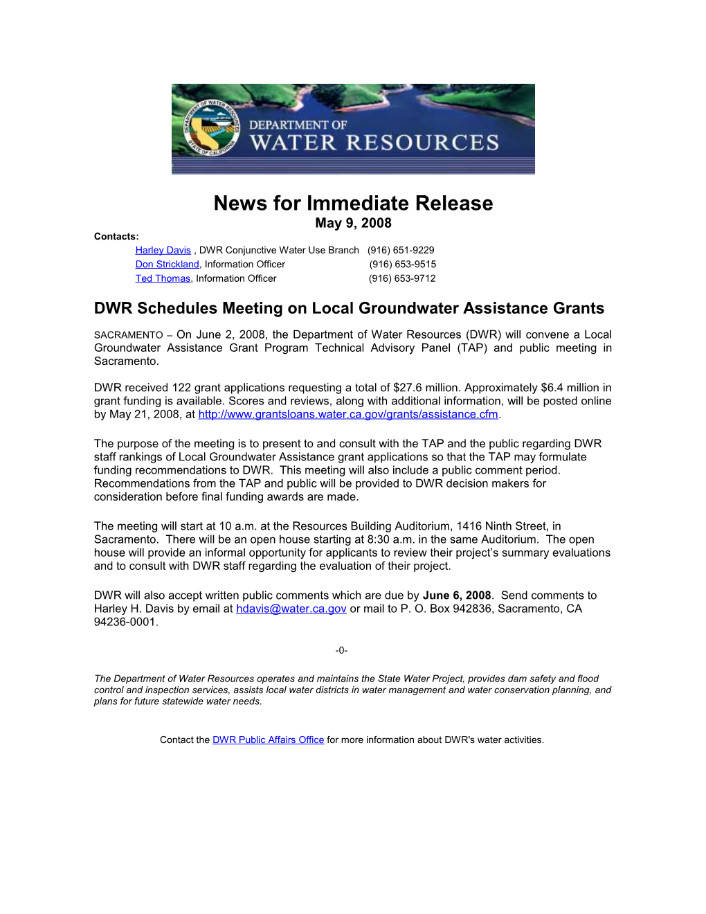 DWR Schedules Meeting on Local Groundwater Assistance Grants