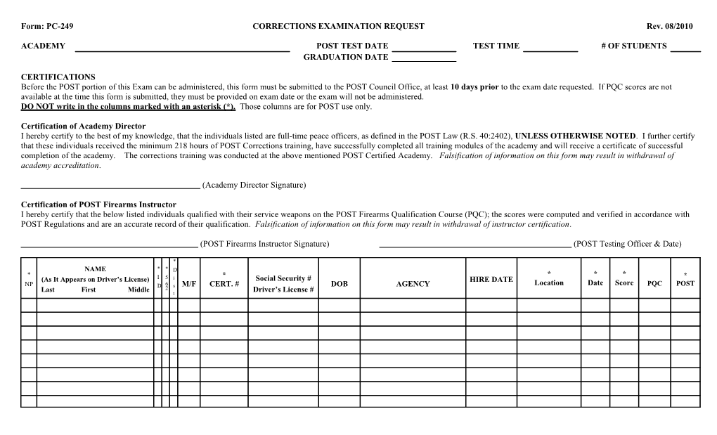 Form: PC-218 CORRECTIONS EXAMINATION REQUE