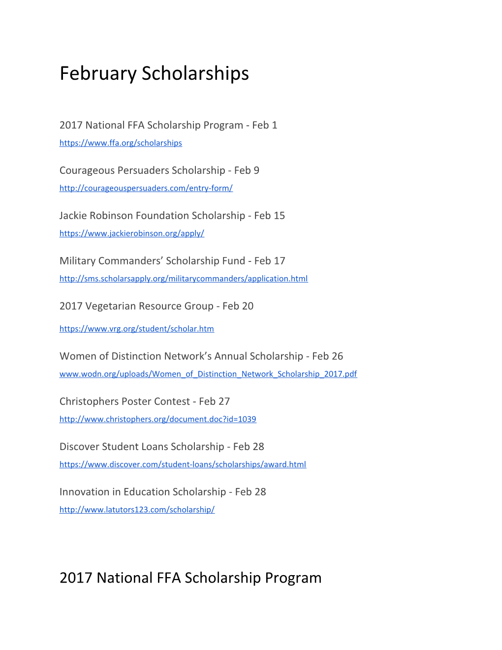 2017 National FFA Scholarship Program - Feb 1