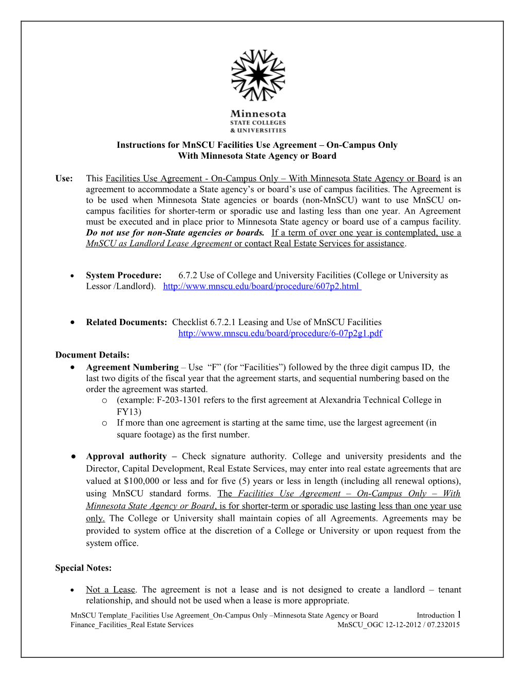 Instructions for Mnscu Facilities Use Agreement On-Campus Only