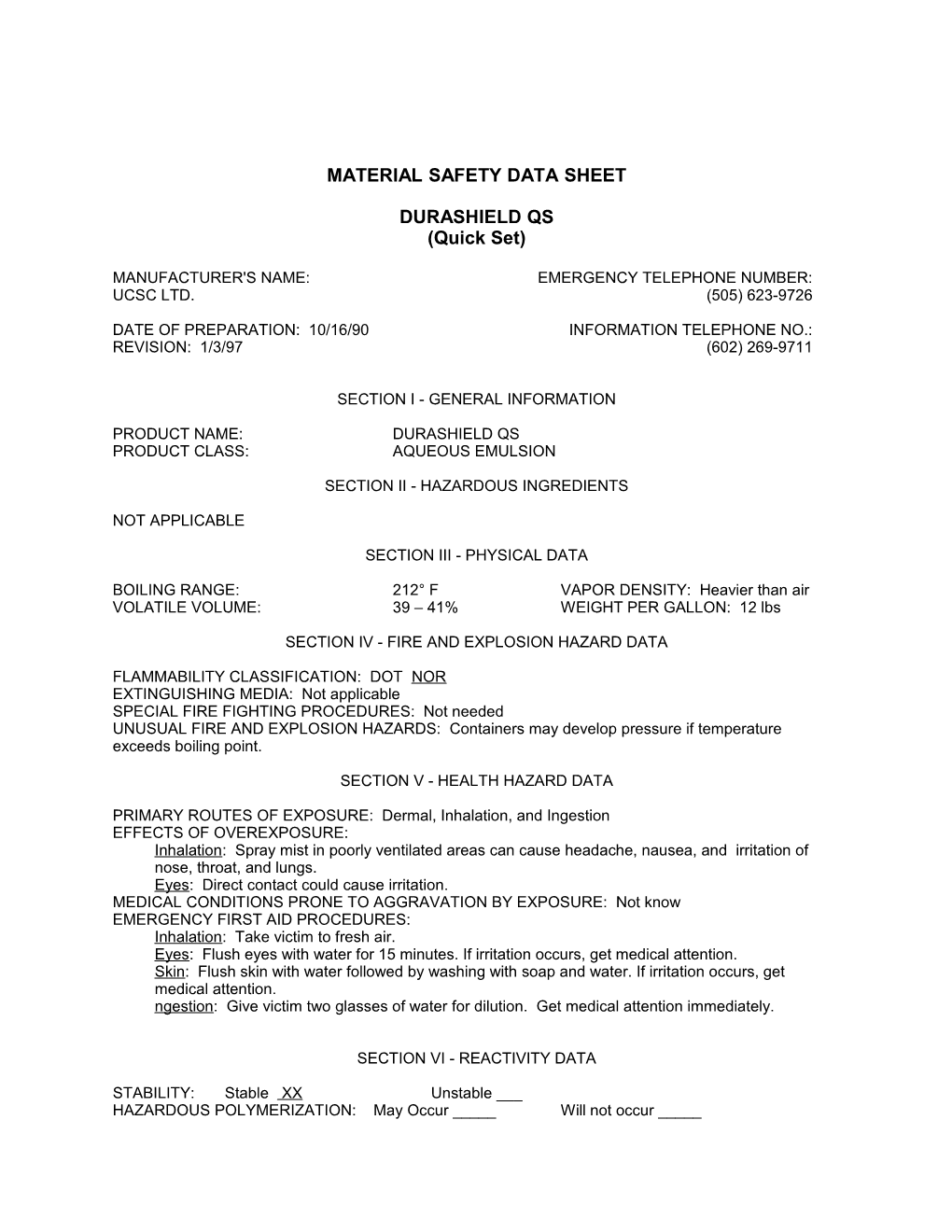 Material Safety Data Sheet s141