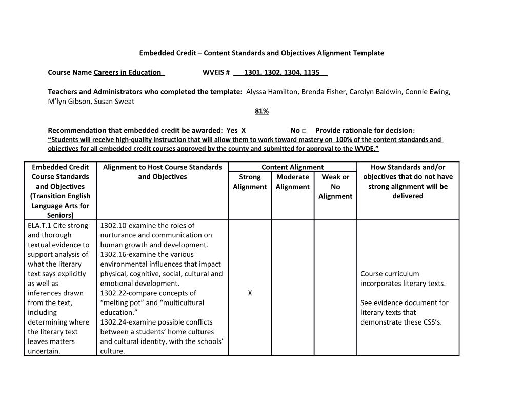 Embedded Credit Content Standards and Objectives Alignment Template