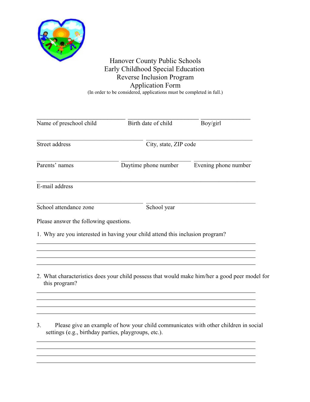 Preschool Inclusion Application Form