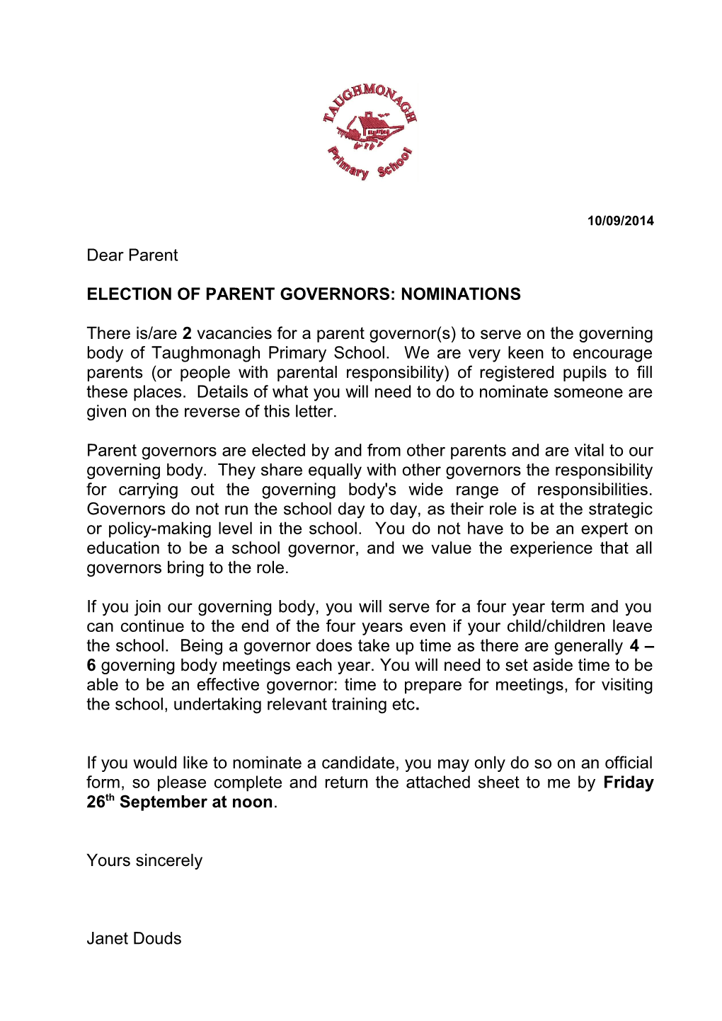 Parent Governor: Model Nomination Letter