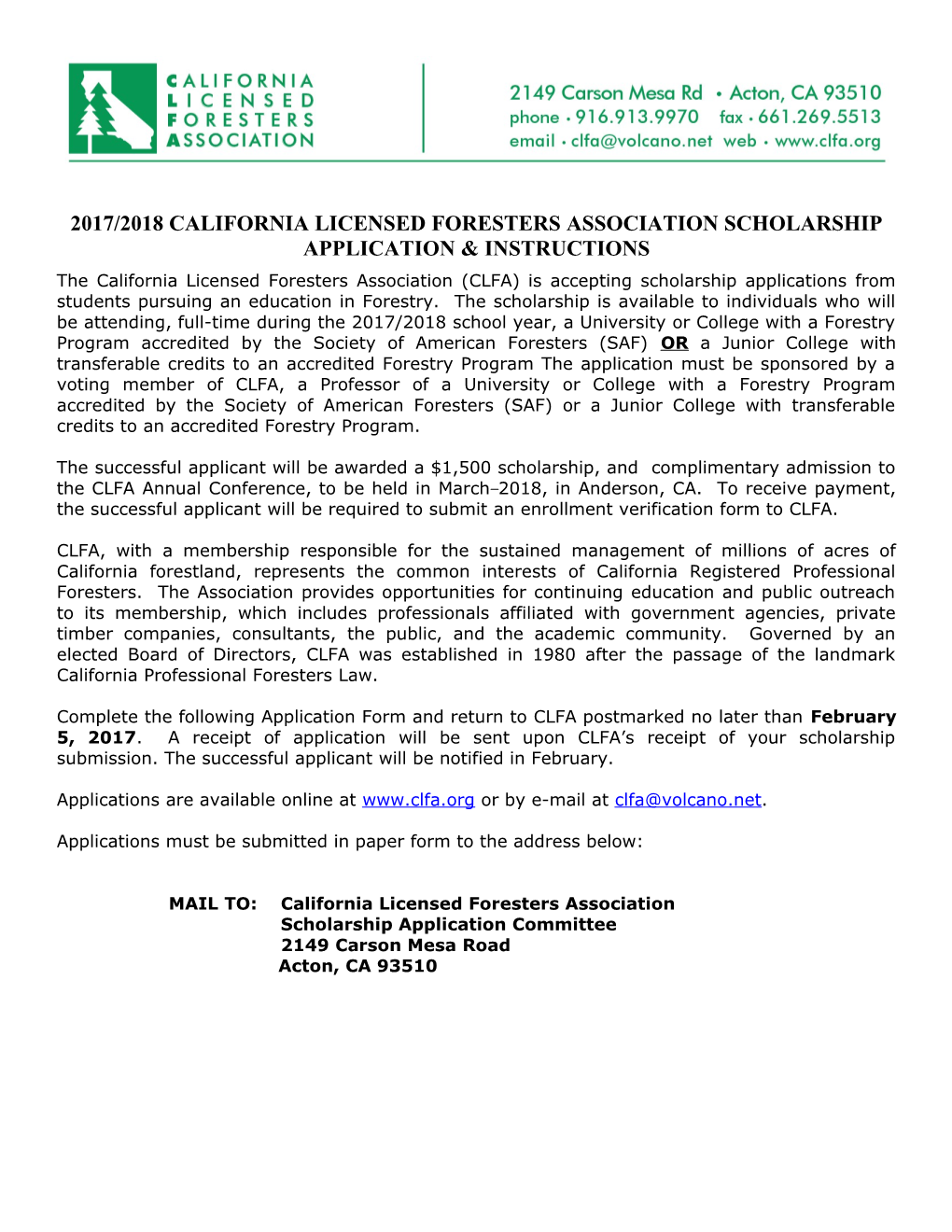 2017/2018 California Licensed Foresters Association Scholarship Application & Instructions