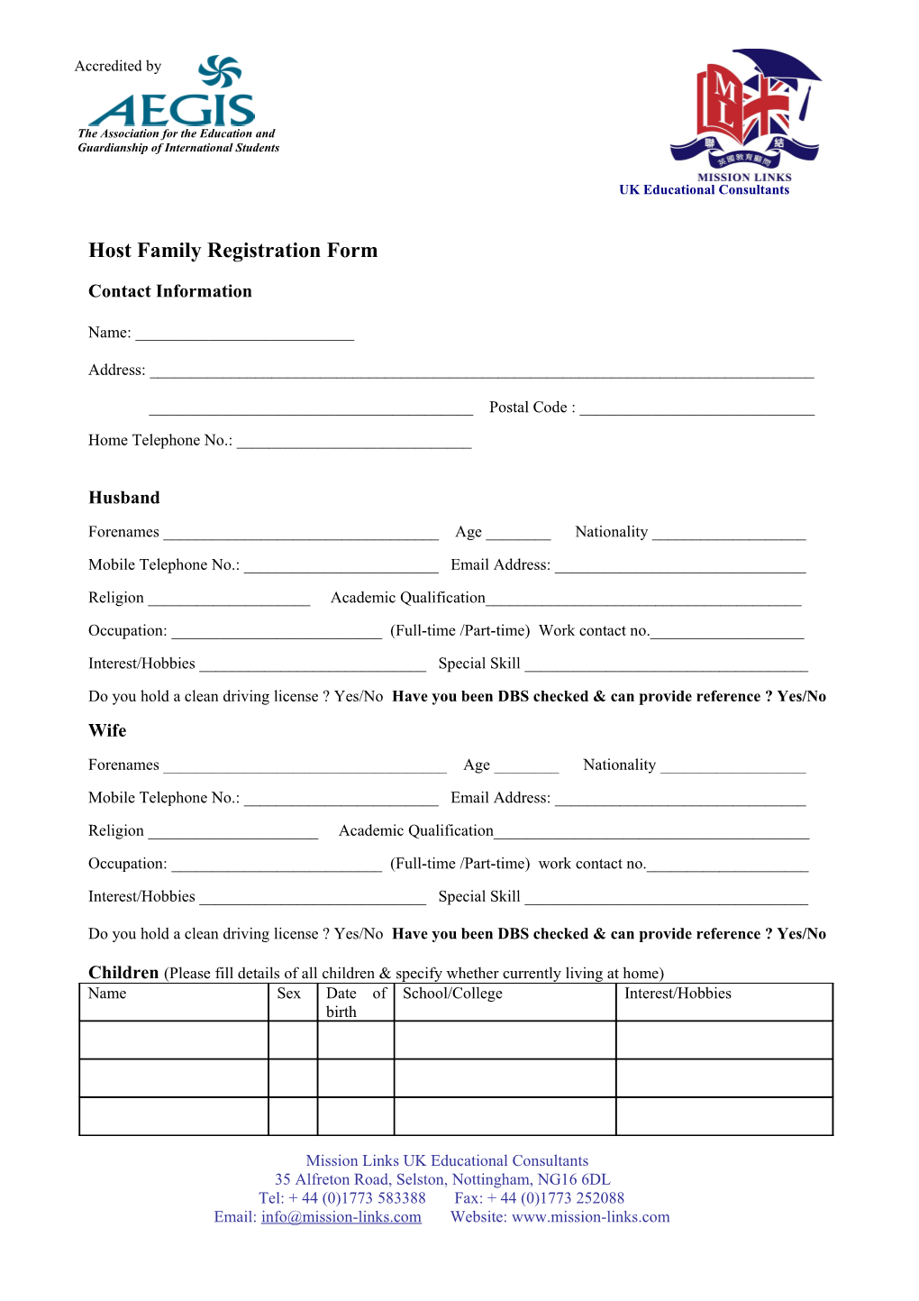 Host Family Registration Form