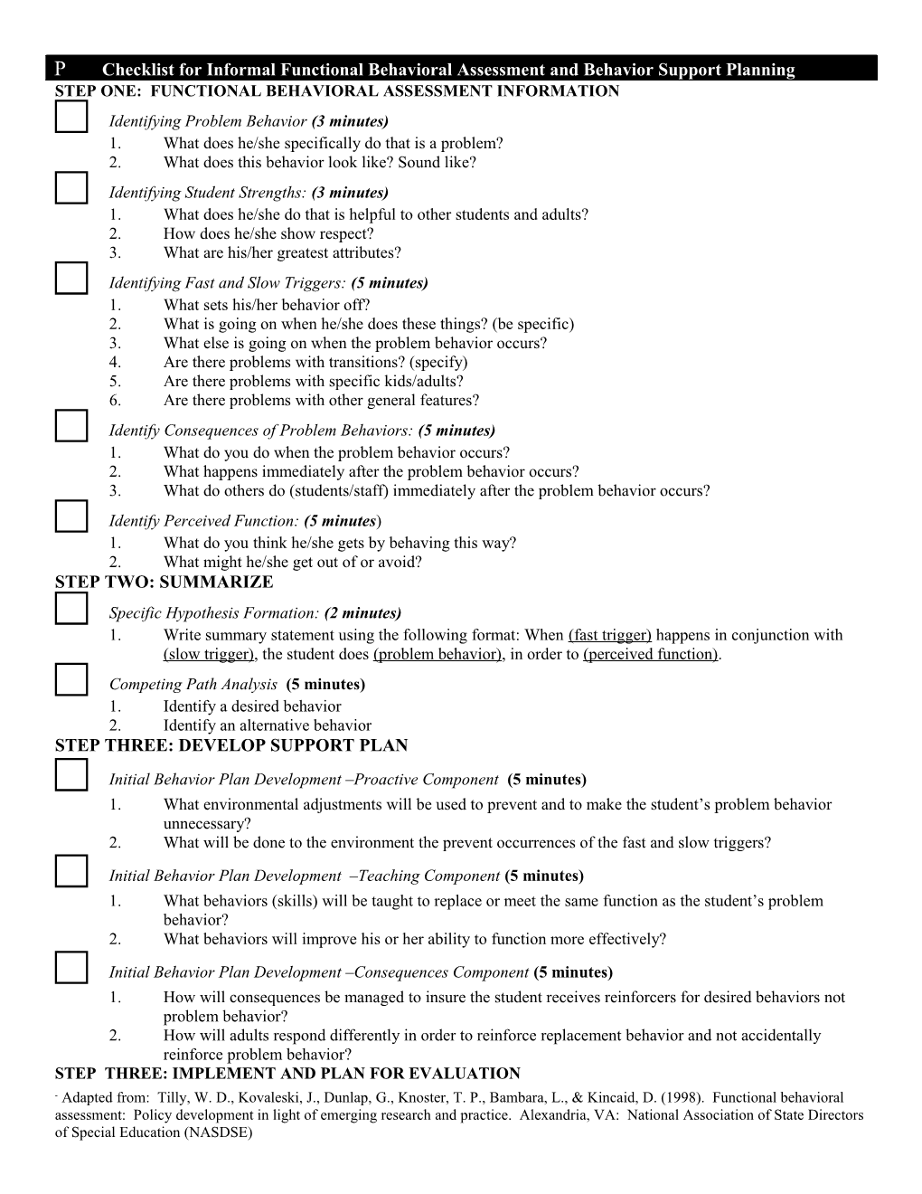 Step One: Functional Behavioral Assessment Information