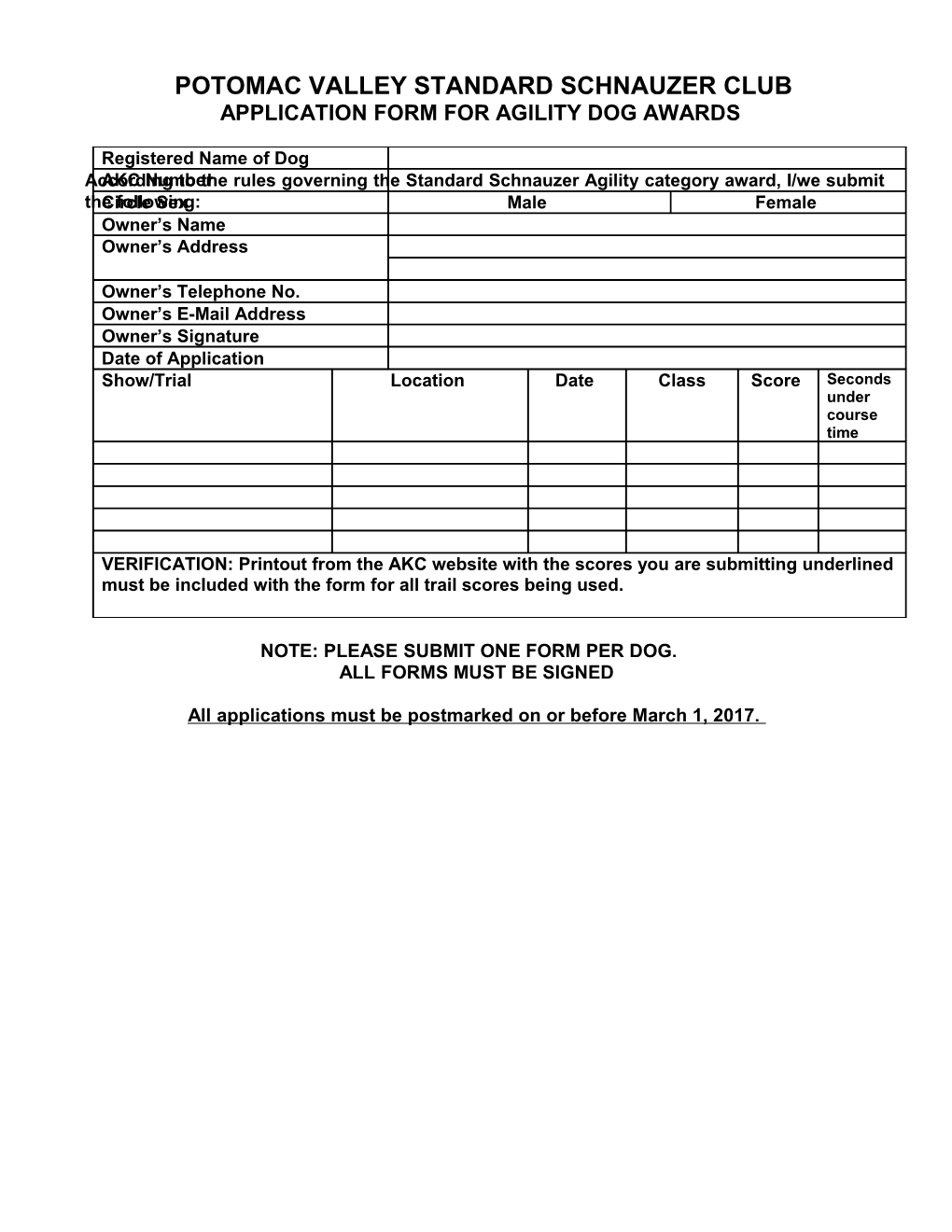 Potomac Valley Standard Schnauzer Club of America Application Form for Agility Dog Awards