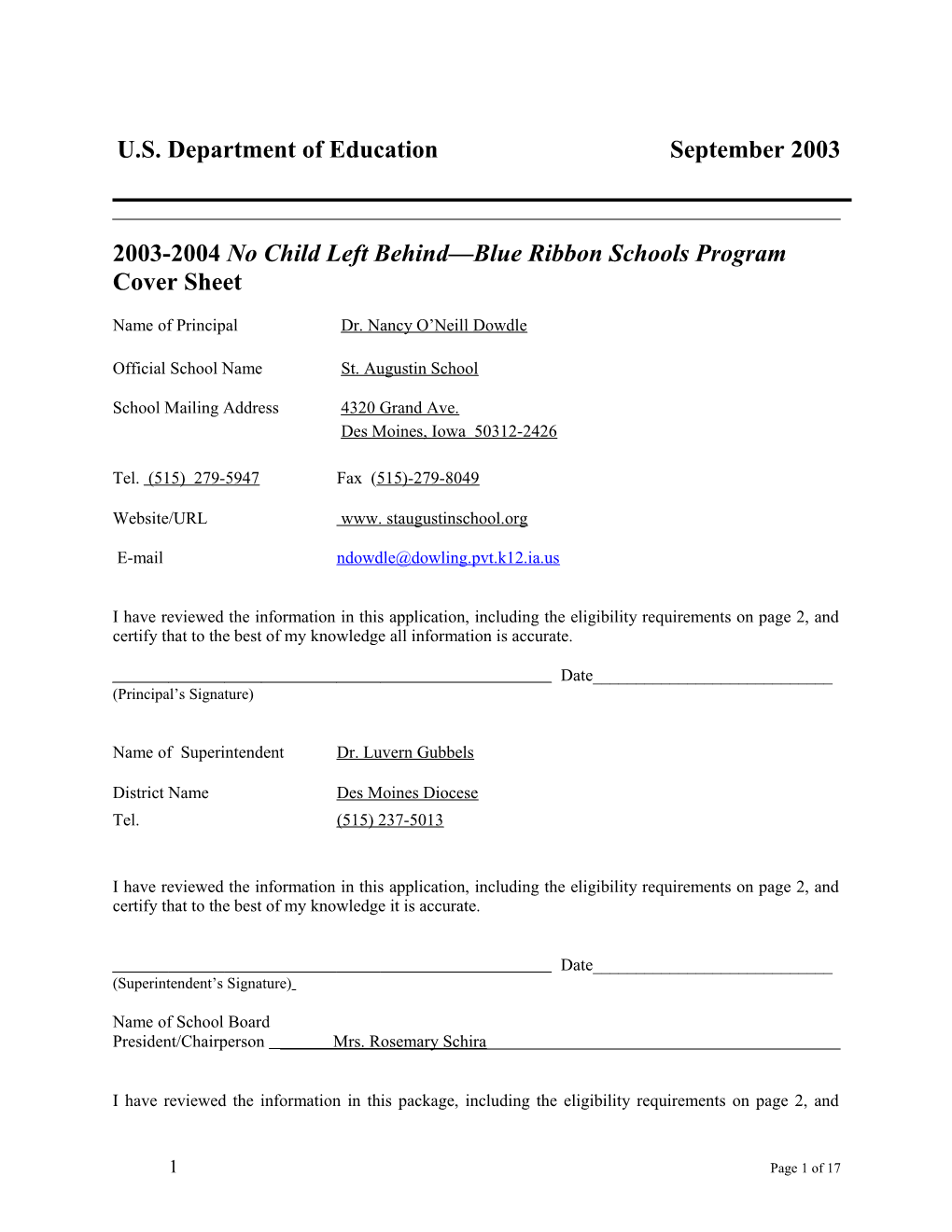 St. Augustin School 2004 No Child Left Behind-Blue Ribbon School Application (Msword)