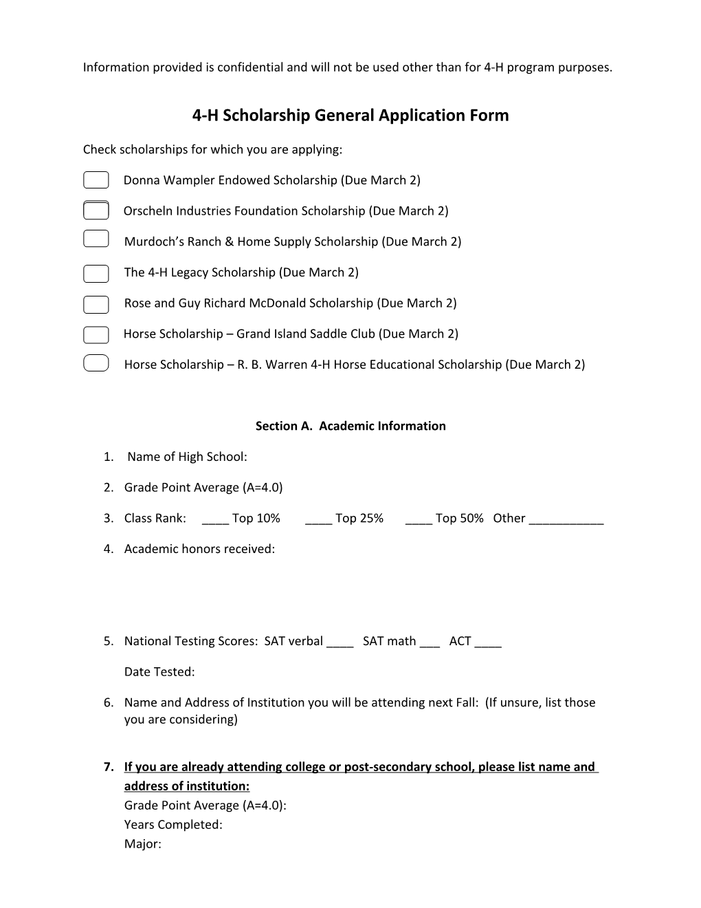 4-H Scholarship General Information Form