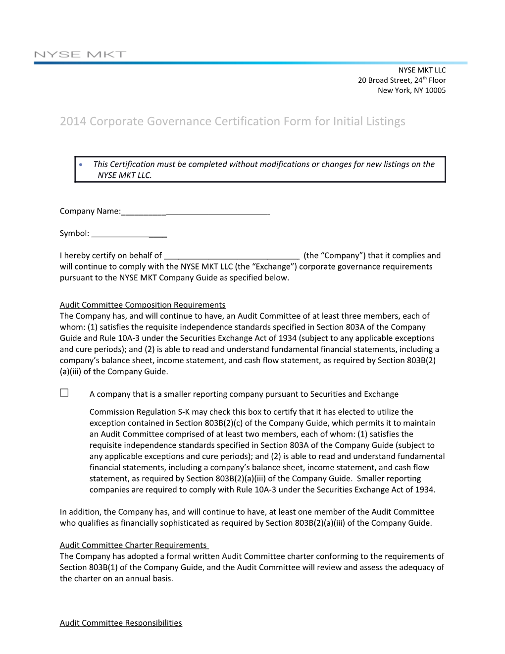 NYSE MKT LLC 2014 Corporate Governance Certification Form for Initial Listings