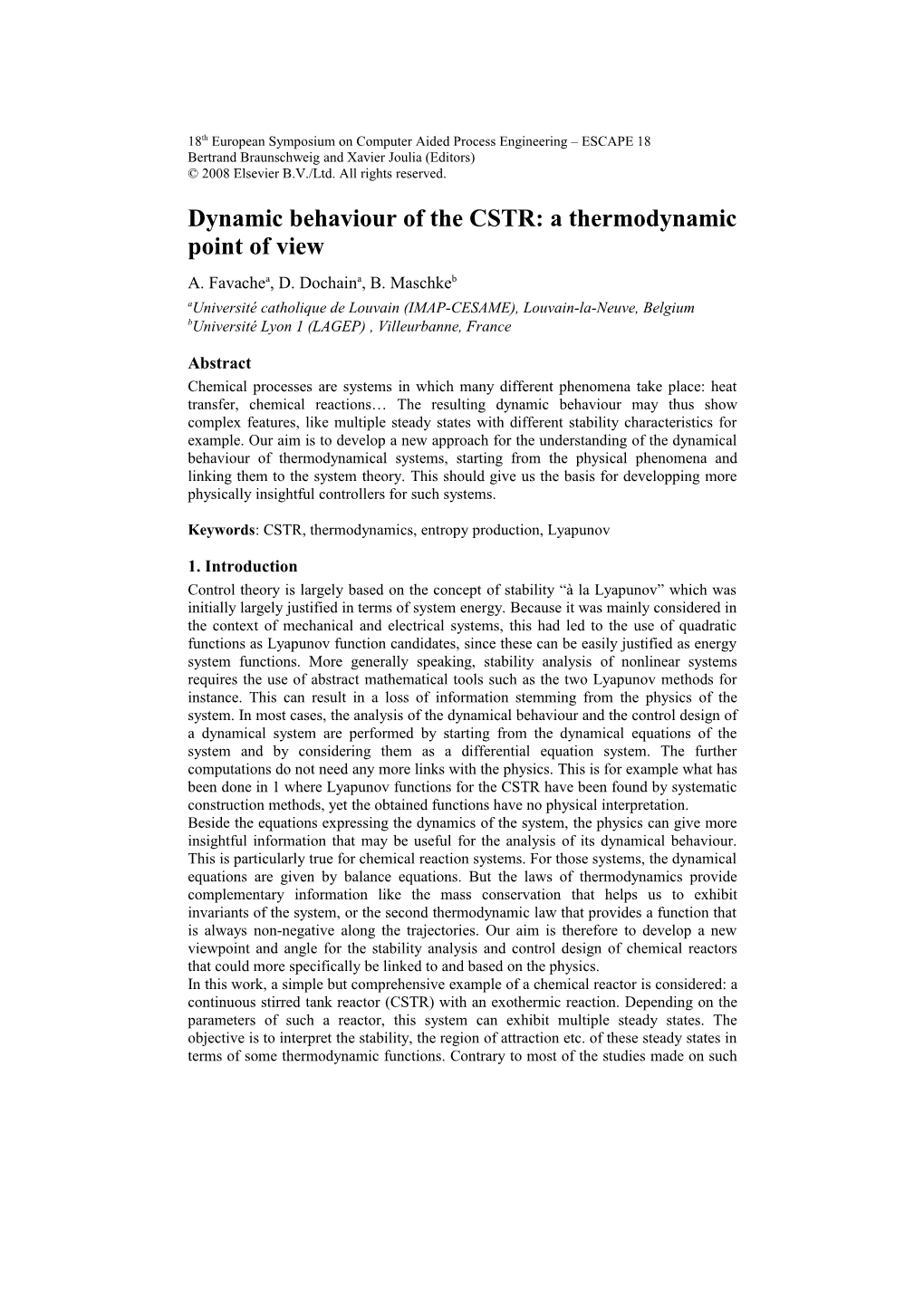 Dynamic Behaviour of the CSTR: a Thermodynamic Point of View