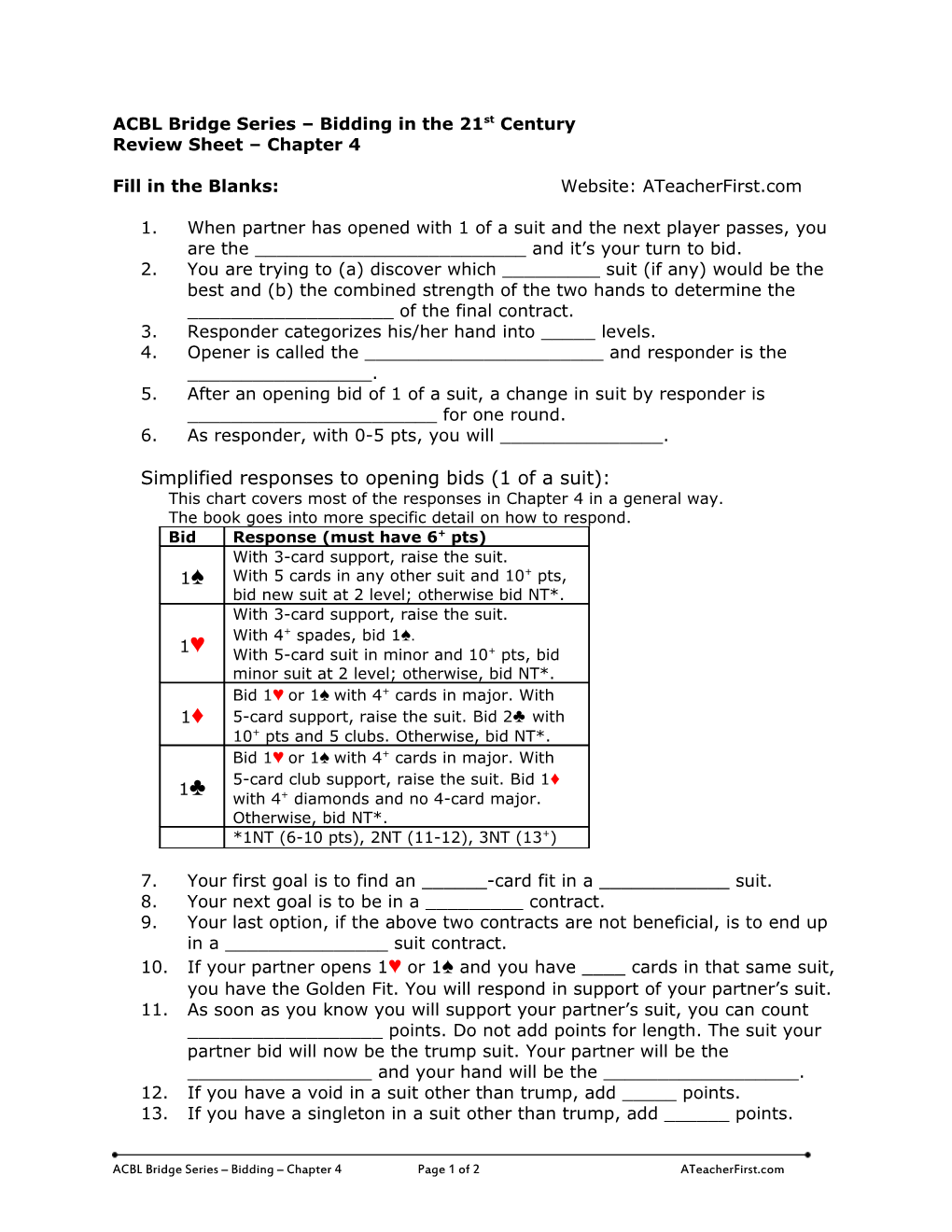 ACBL Bridge Series Review Sheet Chapter 1