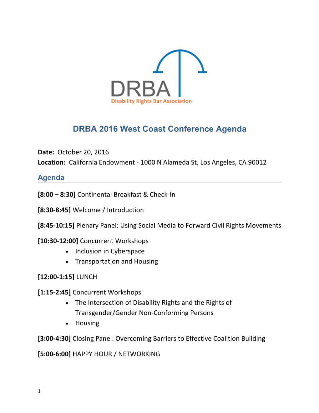 DRBA 2016 West Coast Conference Agenda