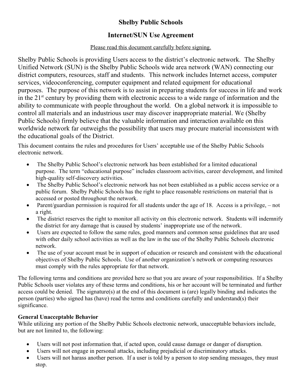 Internet/SUN Use Agreement