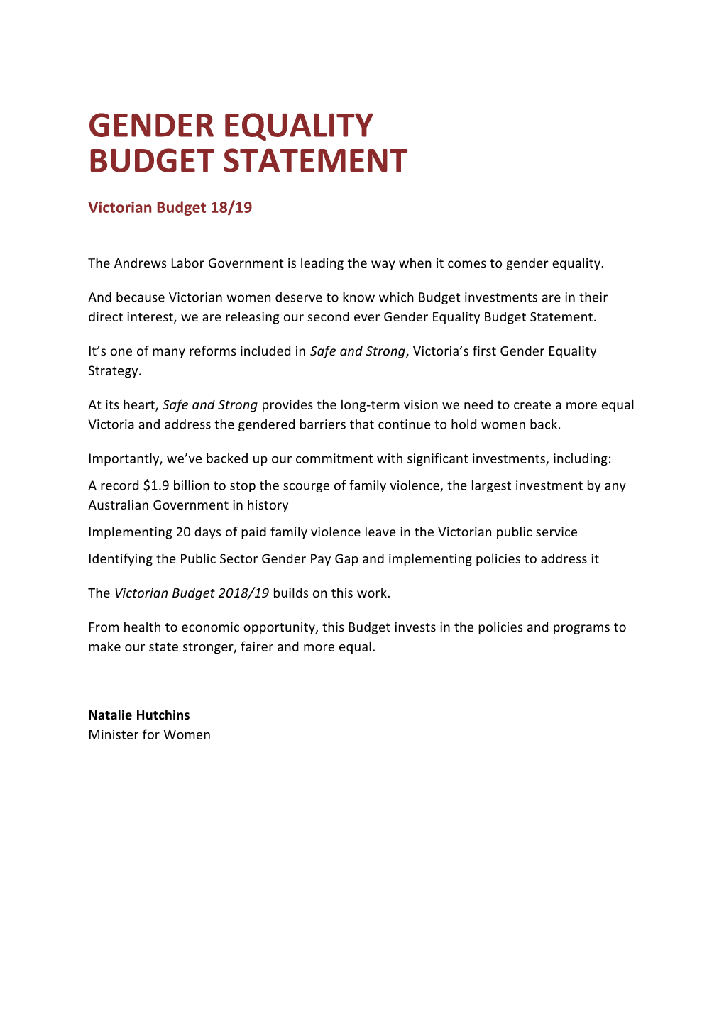 Gender Equality Budget Statement