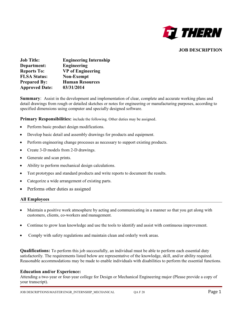 Job Title: Engineering Internship