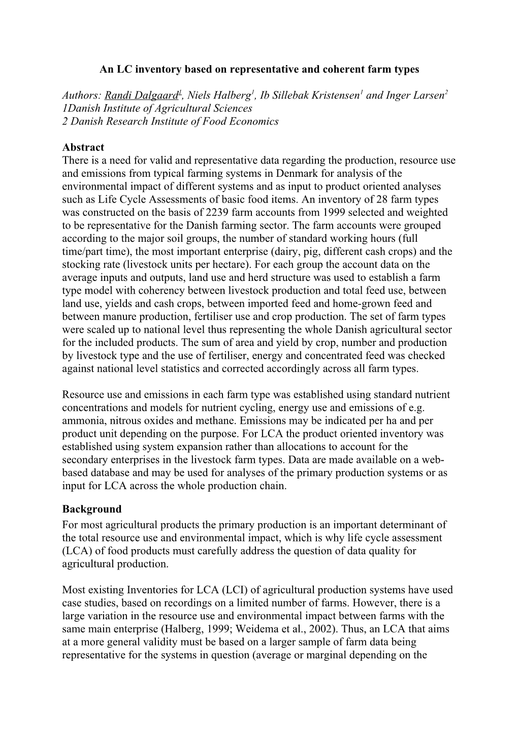 An LCA Inventory Based on Representative and Coherent Farm Types