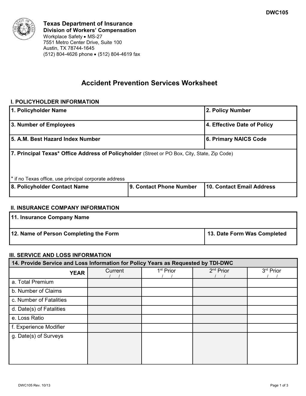 Accident Prevention Services Worksheet