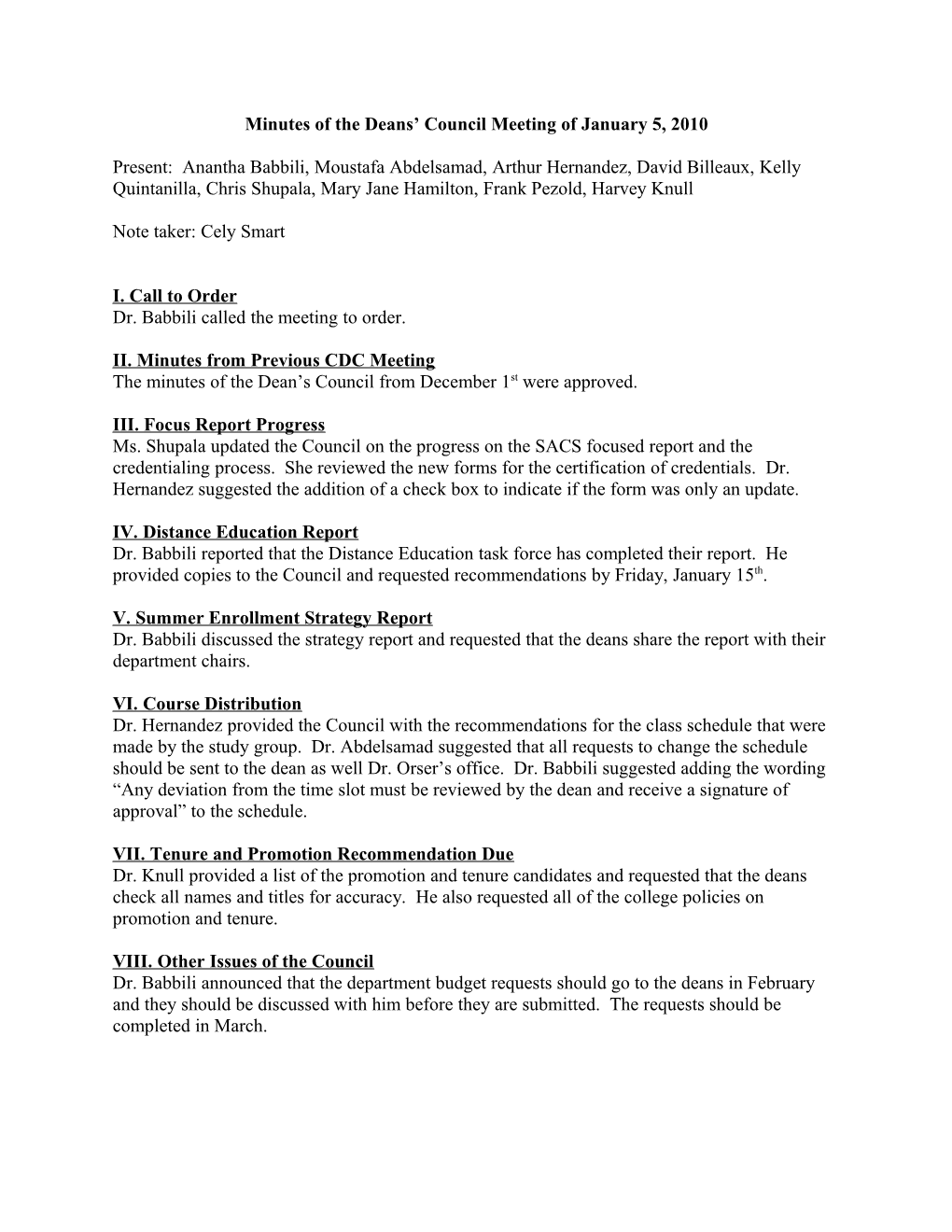 Minutes of the Deans Council Meeting of January 5, 2010