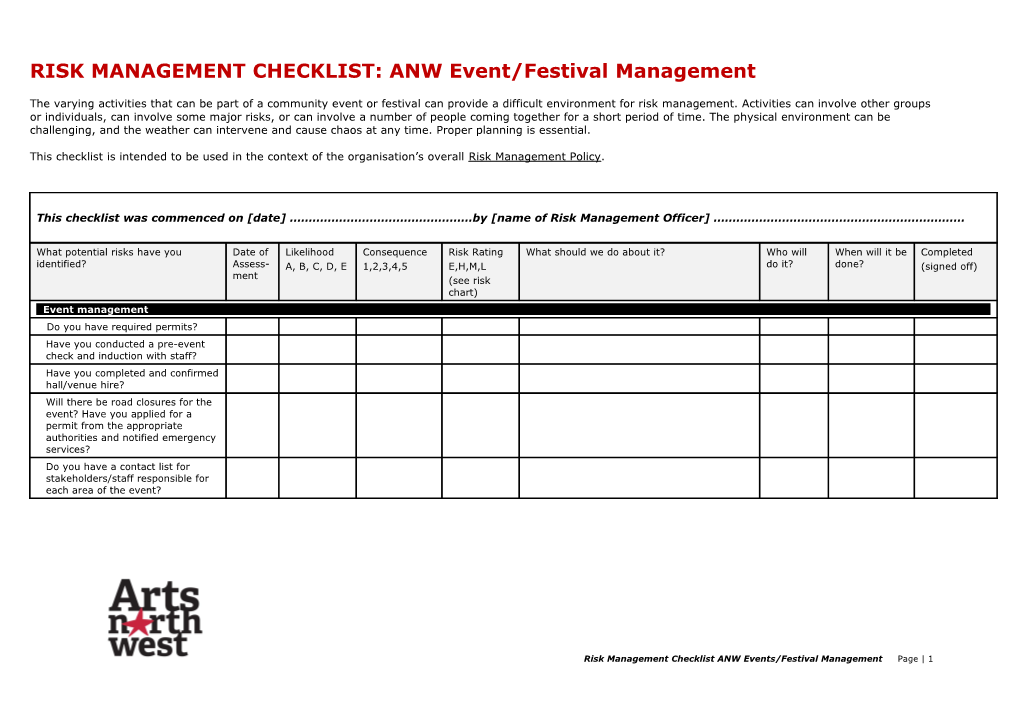 RISK MANAGEMENT CHECKLIST:ANW Event/Festivalmanagement