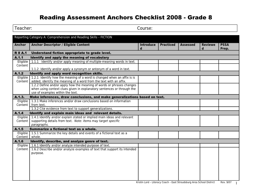 6Th Grade Reading Assessment Anchors Checklist 2007