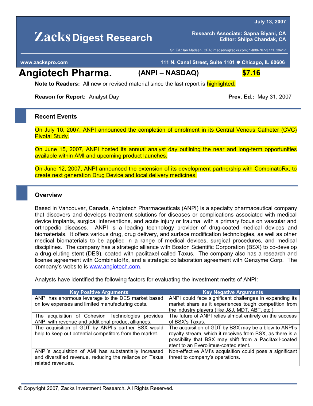 Reason for Report: Analyst Day Prev. Ed.: May 31, 2007