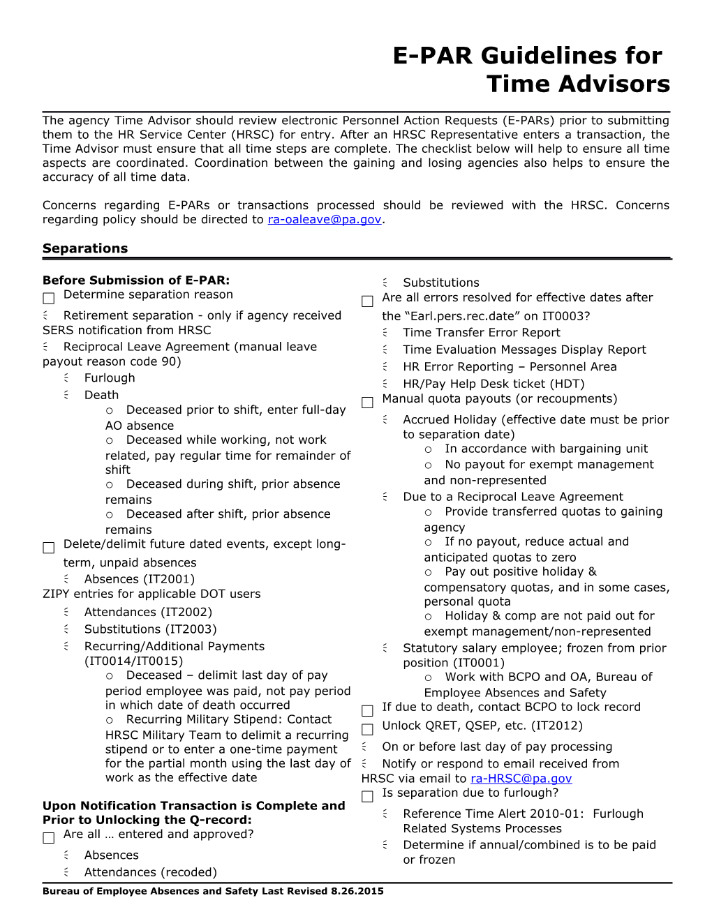 Bureau of Employee Absences and Safety Last Revised 8.26.2015