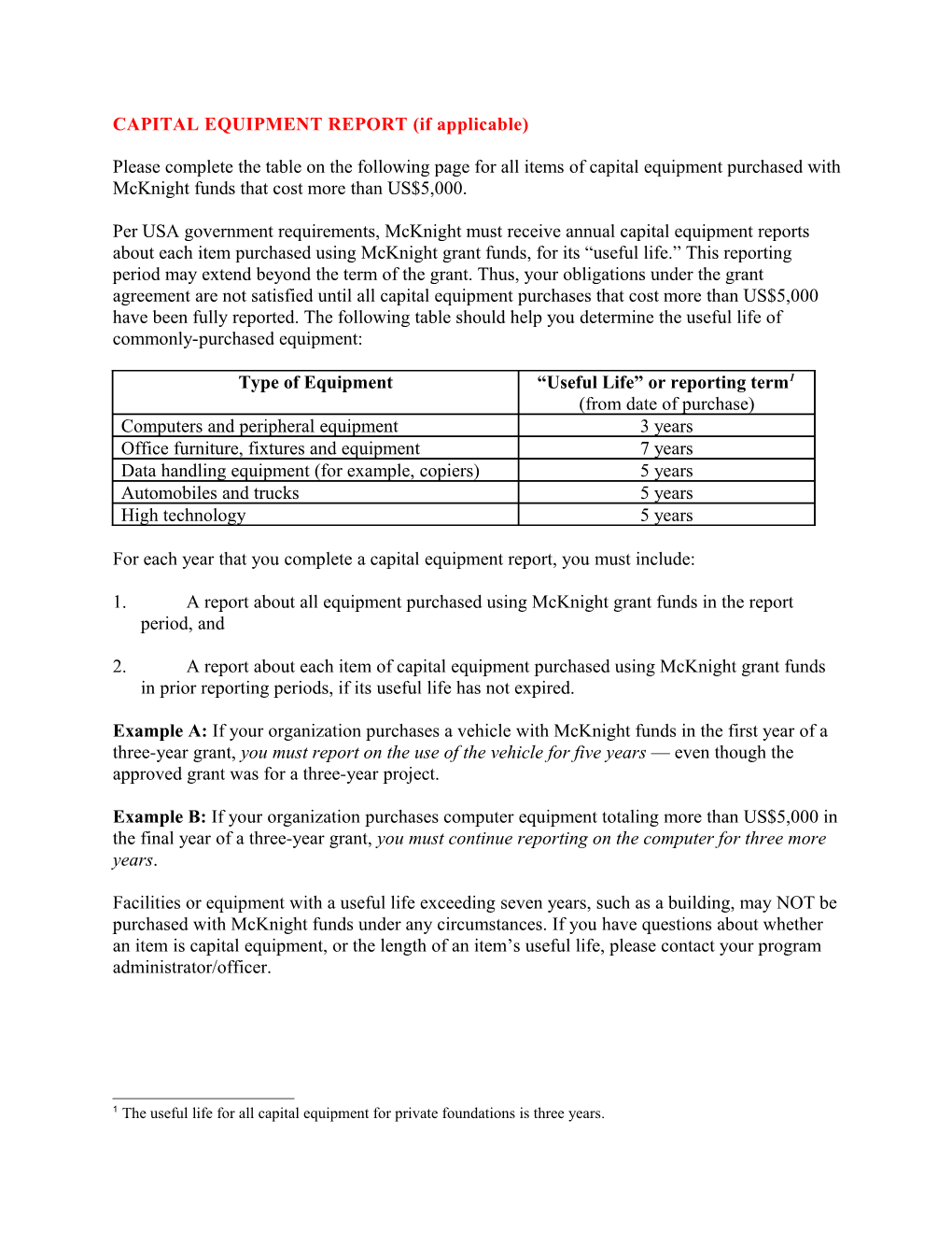 CAPITAL EQUIPMENT REPORT (If Applicable)