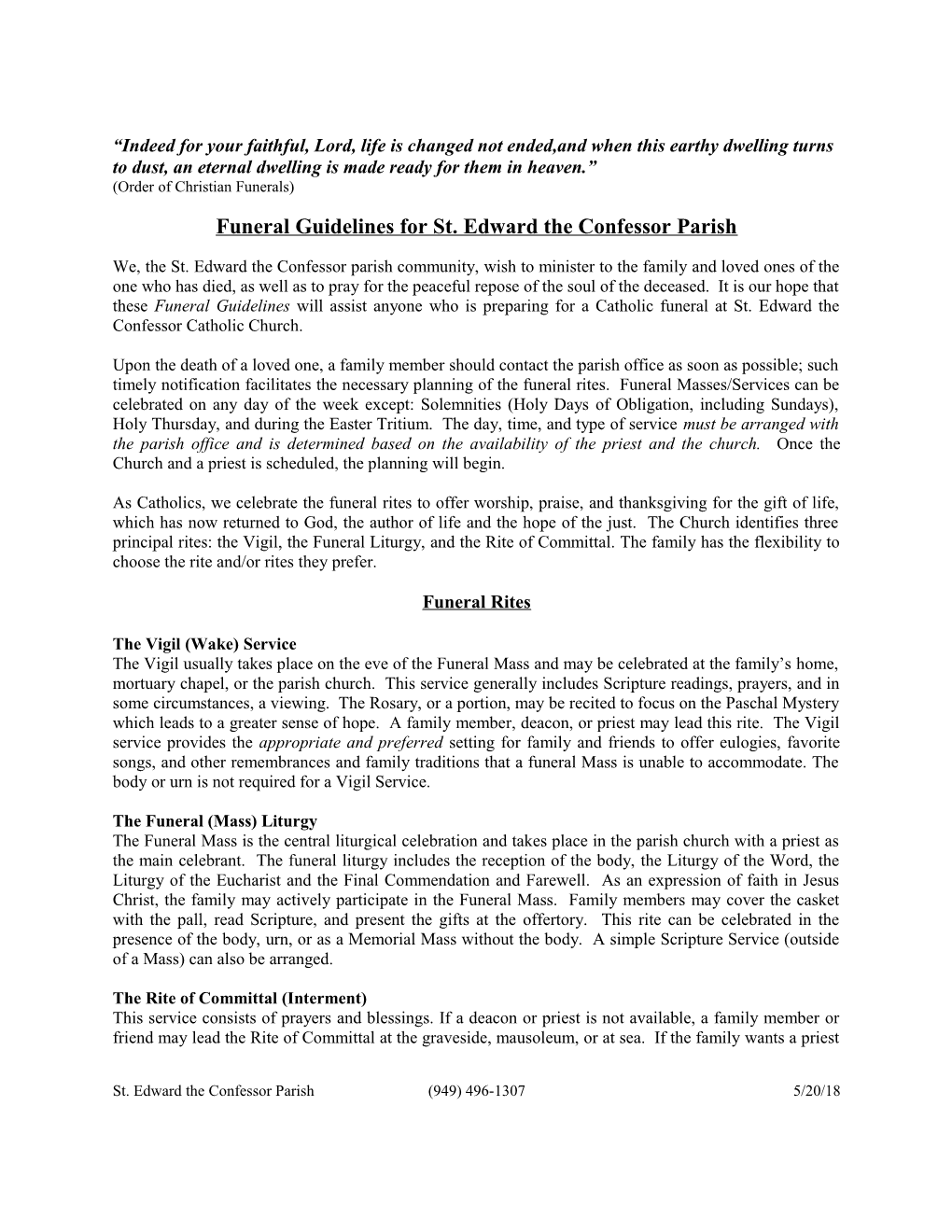 Funeral Guidelines for St. Edward the Confessor Parish