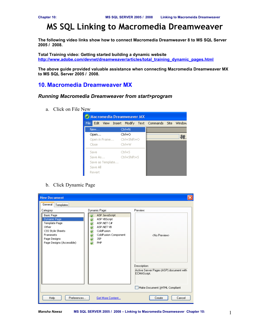 Chapter 10: MS SQL SERVER 2005 / 2008 Linking to Macromeida Dreamweaver