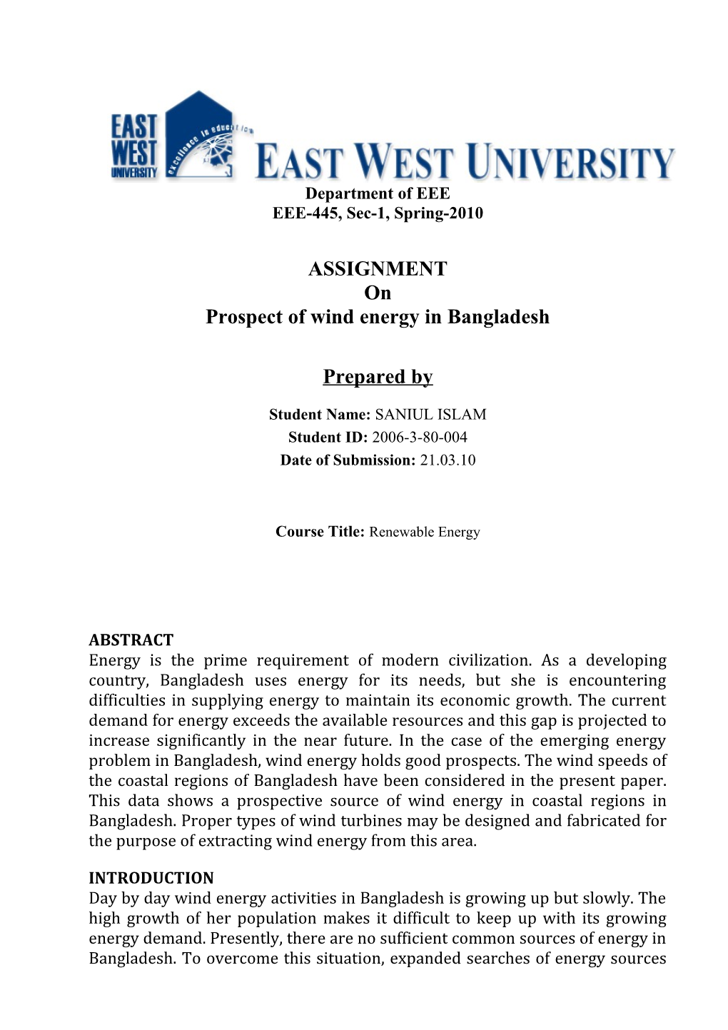 Prospect of Wind Energy in Bangladesh
