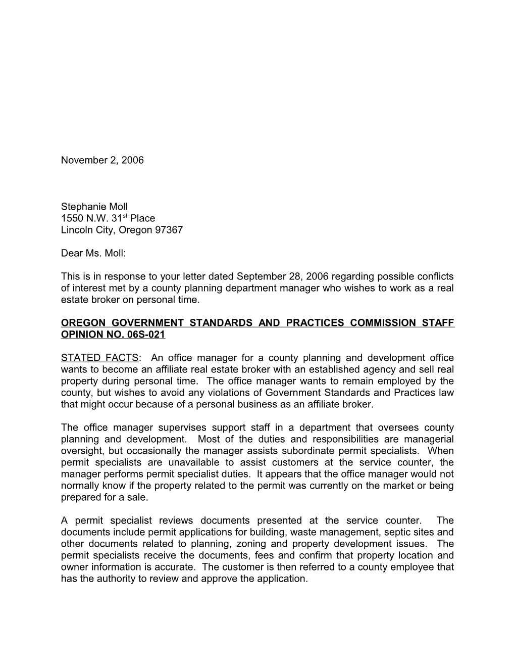 Oregon Government Standards and Practices Commission Staff Opinion No. 06S-021
