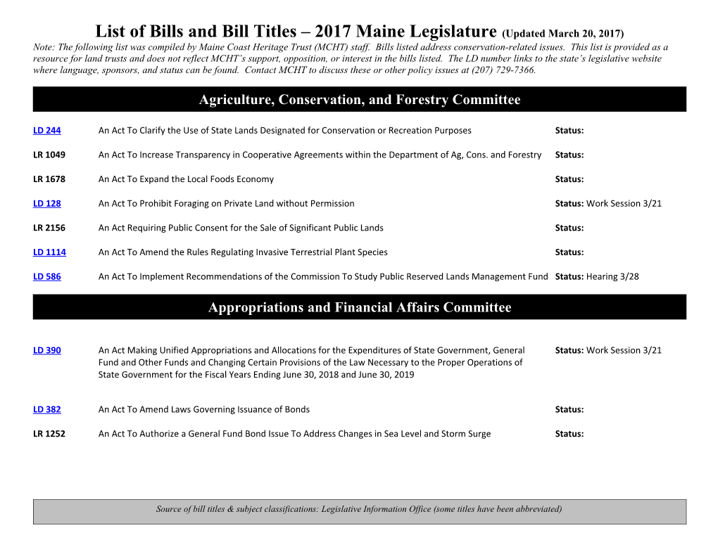 List of Bills and Bill Titles 2017 Maine Legislature (Updated March 20, 2017)