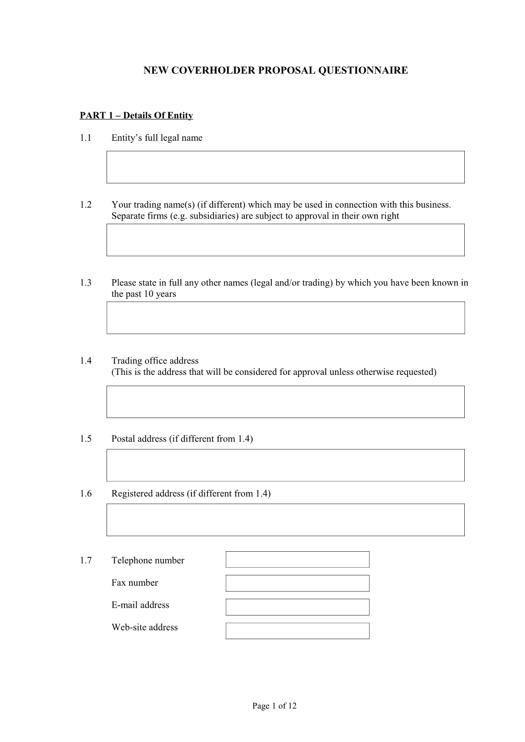 New Coverholder Proposal Questionnaire