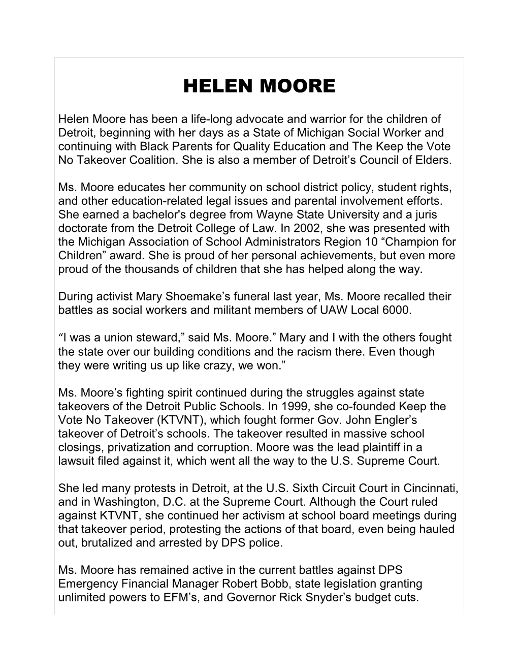 Helen Moore Has Been a Life-Long Advocate and Warrior for the Children of Detroit, Beginning