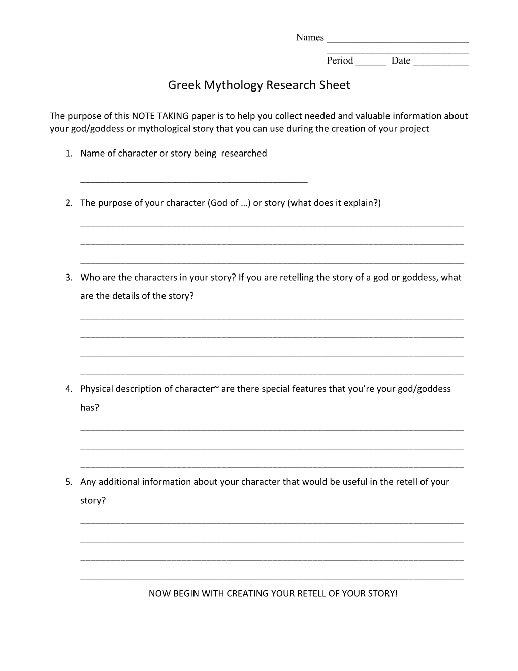 Greek Mythology Research Sheet
