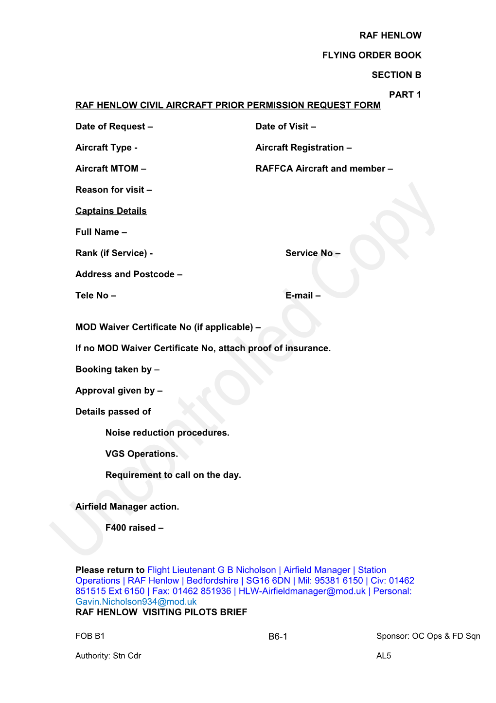 Raf Henlow Civil Aircraft Prior Permission Request Form
