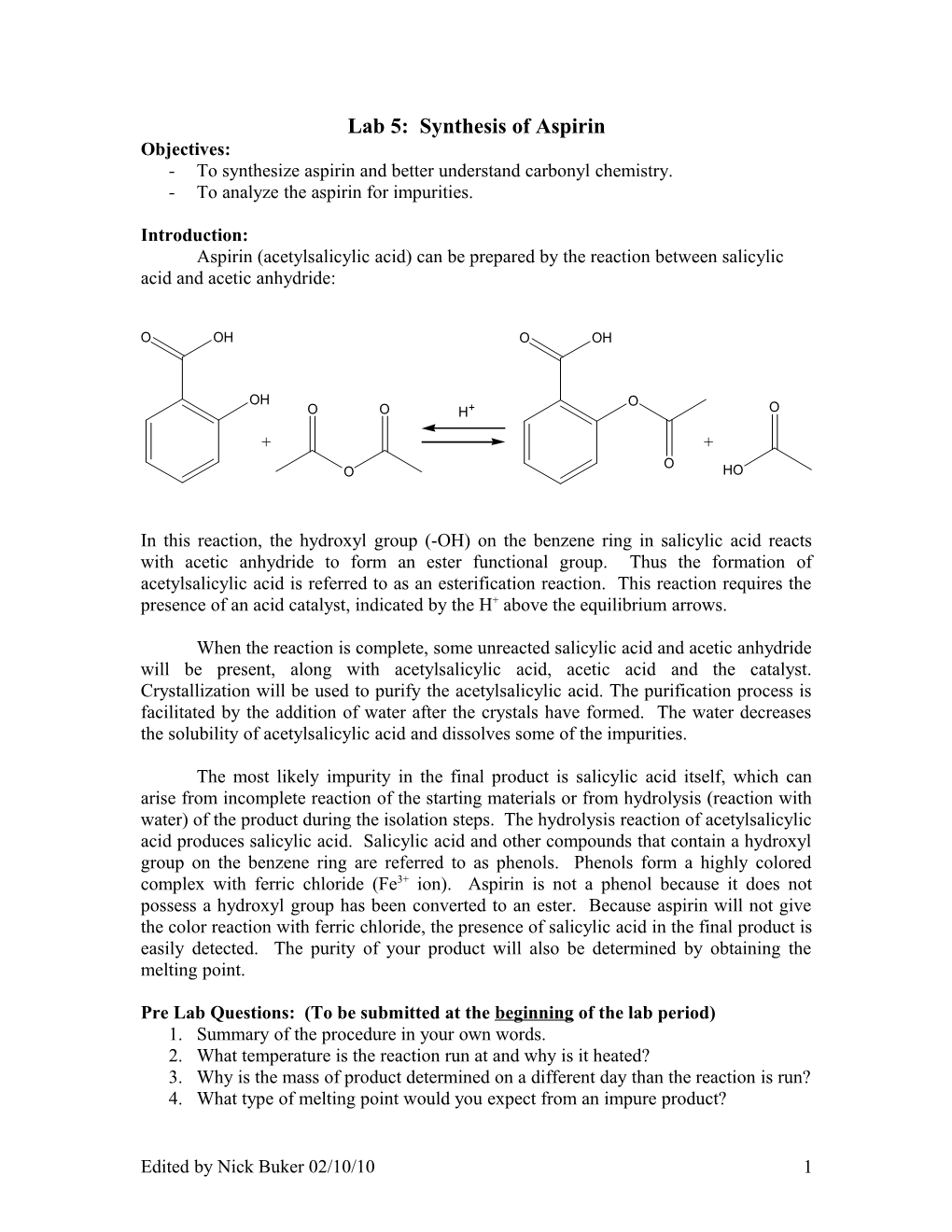 Lab 5: Synthesis of Aspirin