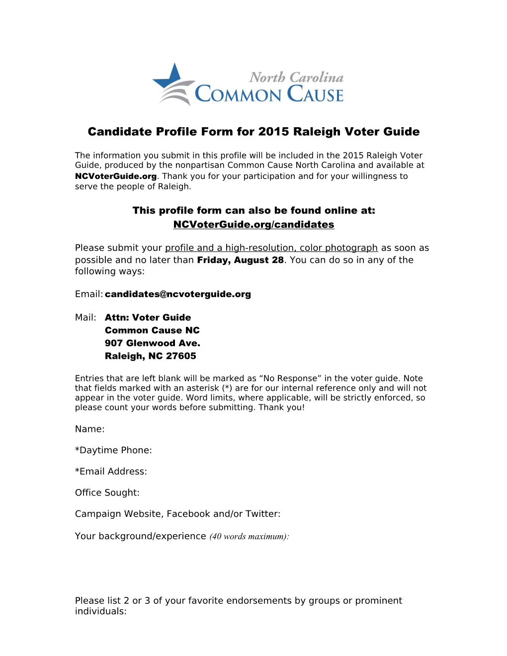 Candidate Profile Form for 2015 Raleigh Voter Guide