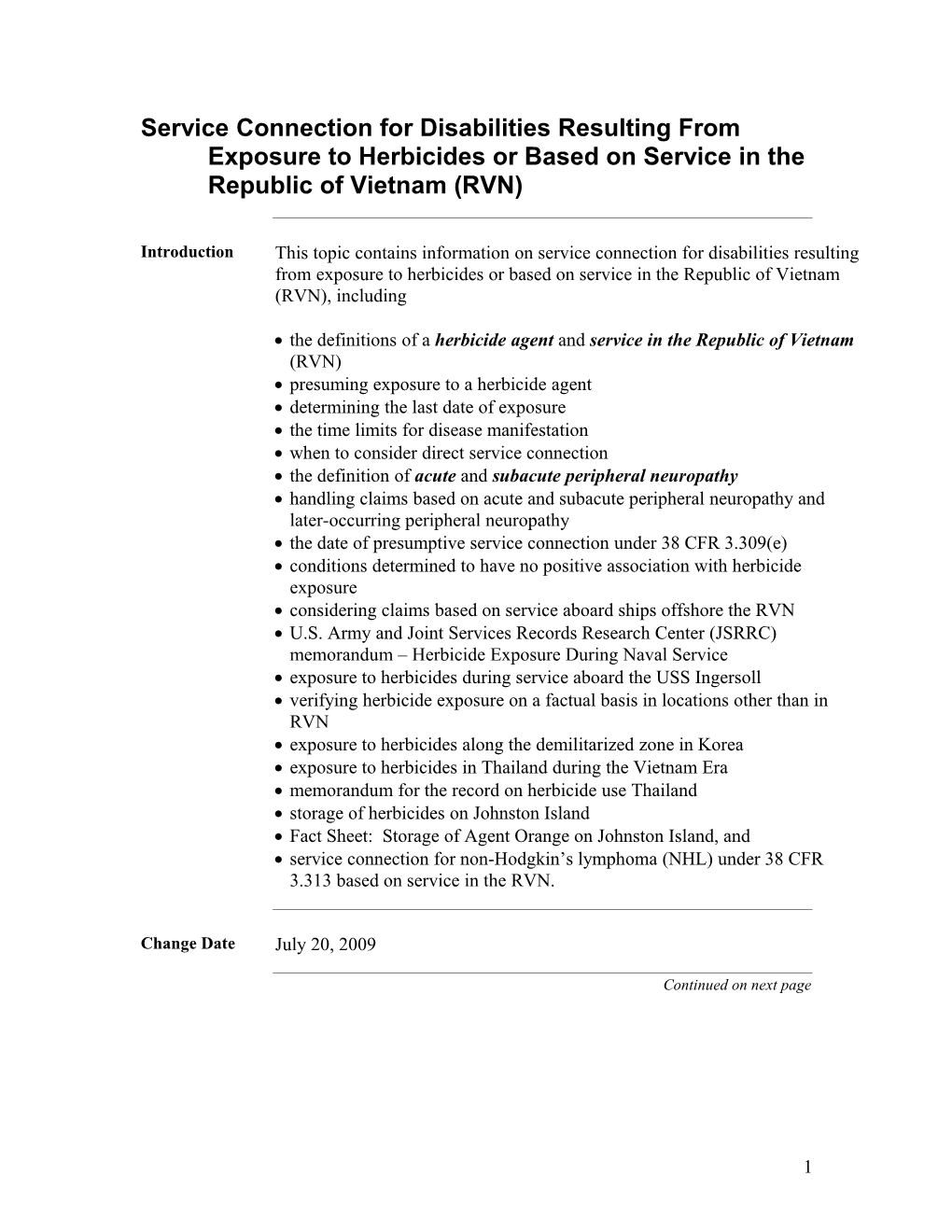 Service Connection for Disabilities Resulting from Exposure to Herbicides Or Based on Service