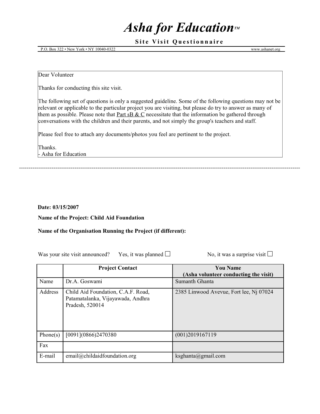 Site Visit Questionnaire